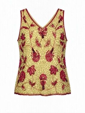 Mark & John By Gopal Silk Beaded Yellow & Pink Floral V-Neck Tank Top